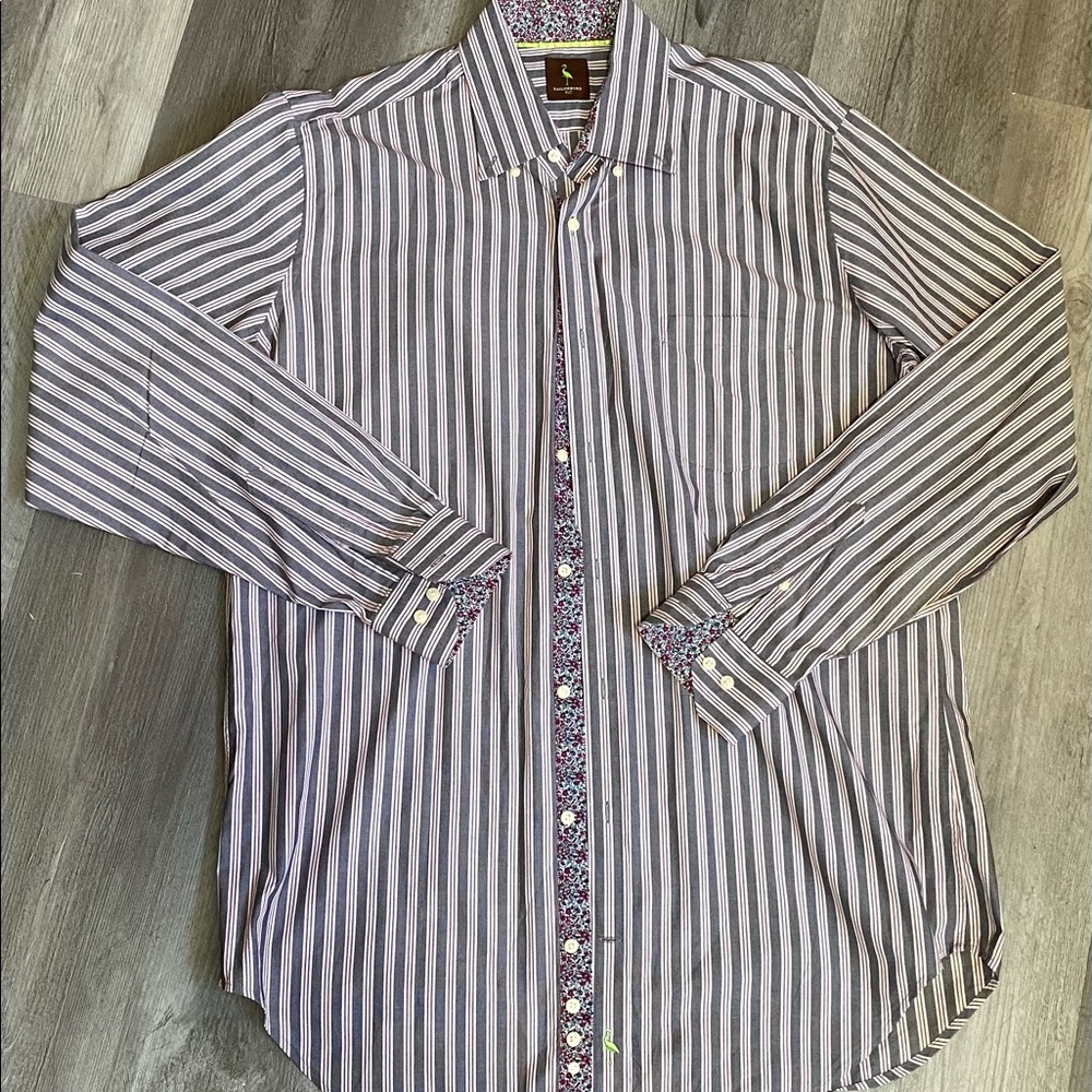 Tailorbyrd Mens button down dress shirt , gray , white and maroon strips